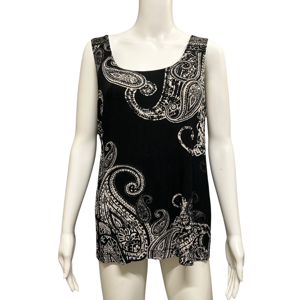 Chico's Black& White Paisley Jersey Knit Stretchy Tank Top Size M